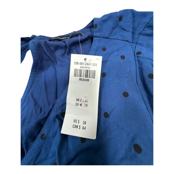 Abercrombie & Fitch Blue Black Polka Dot Front‎ Keyhole Midi Dress Size Medium - Picture 4 of 10